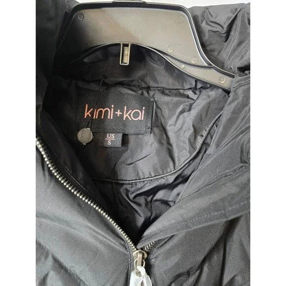 NWT Kimi + Kai Womens Black Faux Fur Trim Hooded Quilted Down Long Jacket Size S